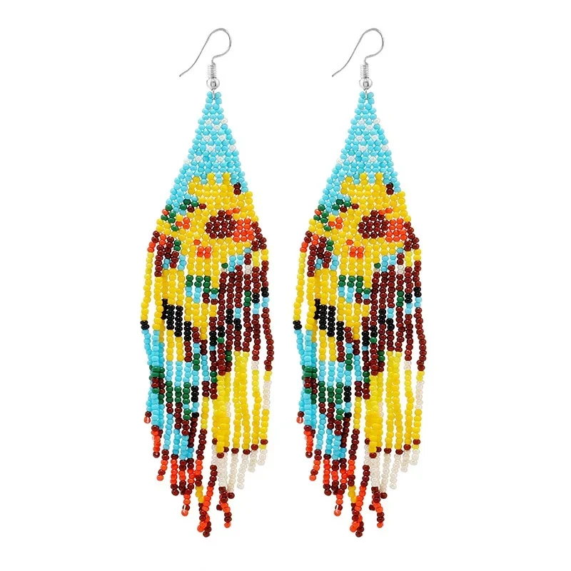 

ZGMXR Retro Bohemia Leopard Print Beaded Tassel Earrings Hand Weaving Rice Bead Geometry Alloy Ma'am Earrings