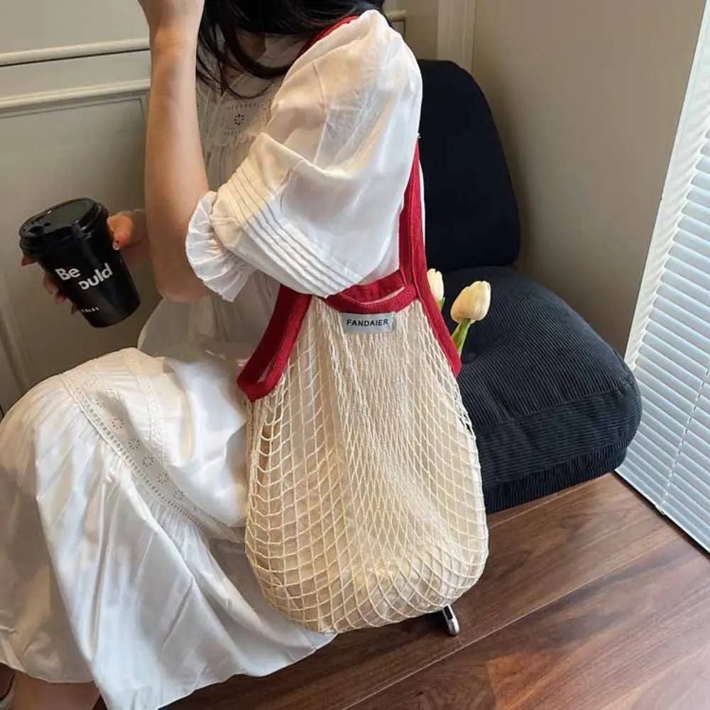 

Polyester Hollow Woven Shoulder Bag Korean Style Pockets Mesh Handbags Edge Covering Large Capacity Summer Beach Tote Bags