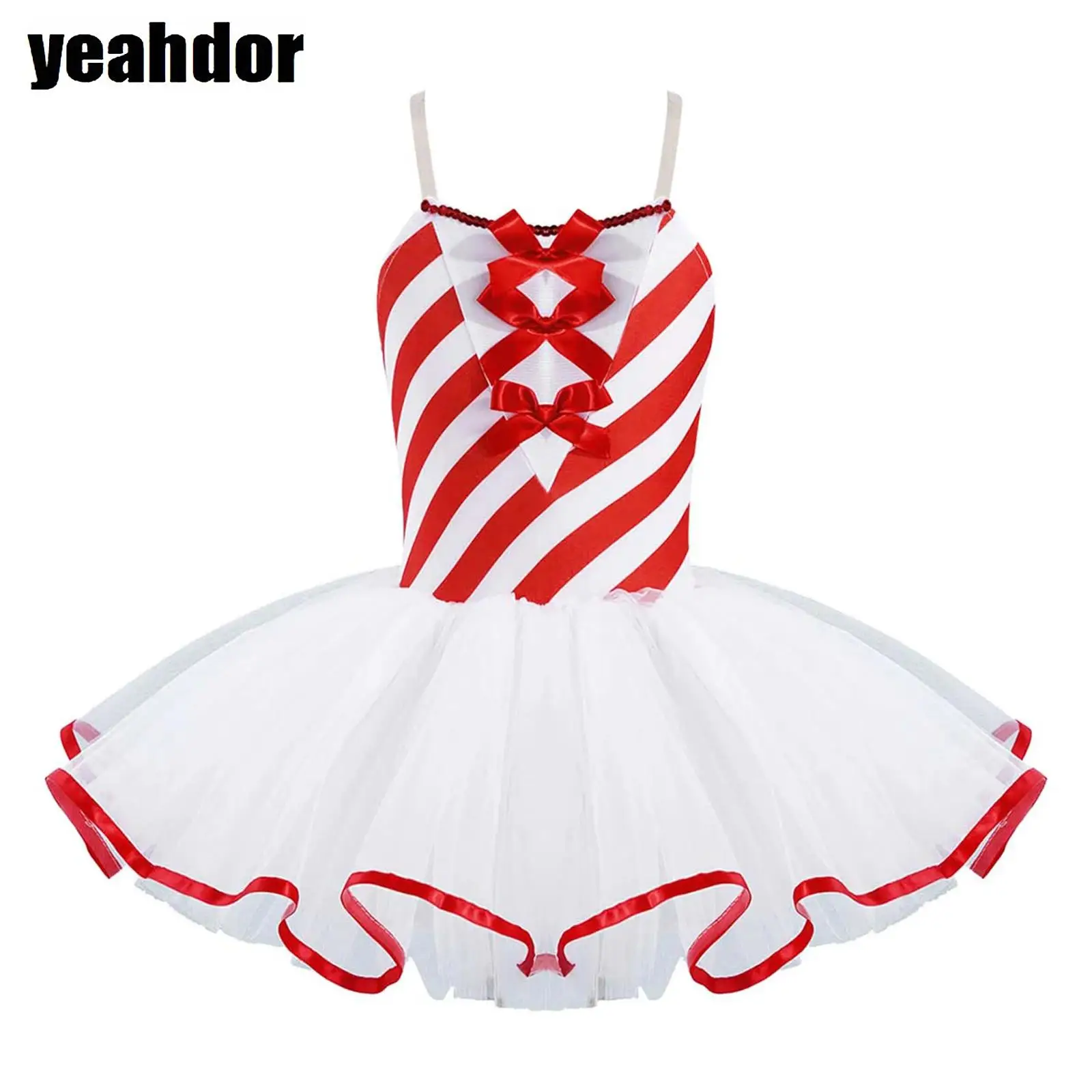 

Girls Christmas Ballet Dance Dress Sleeveless Stripe Mesh Candy Cane Tutu Dress Gymnastics Leotard Figure Skating Elf Costumes