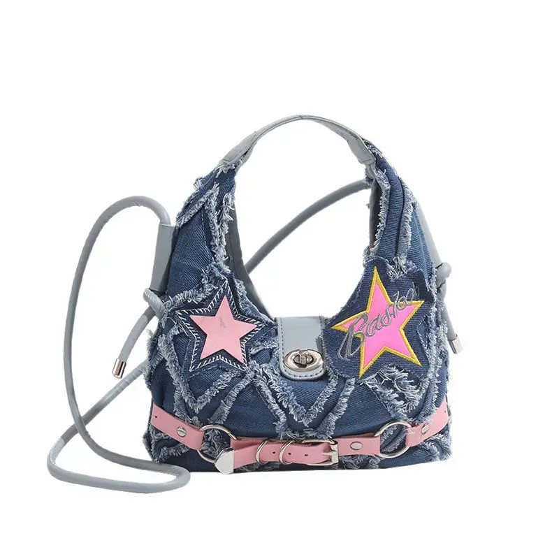 Bolso de mano para mujer, bolso de mano de alta calidad con forma de media luna, bolso cruzado vaquero versátil a la moda, nuevo bolso para niña