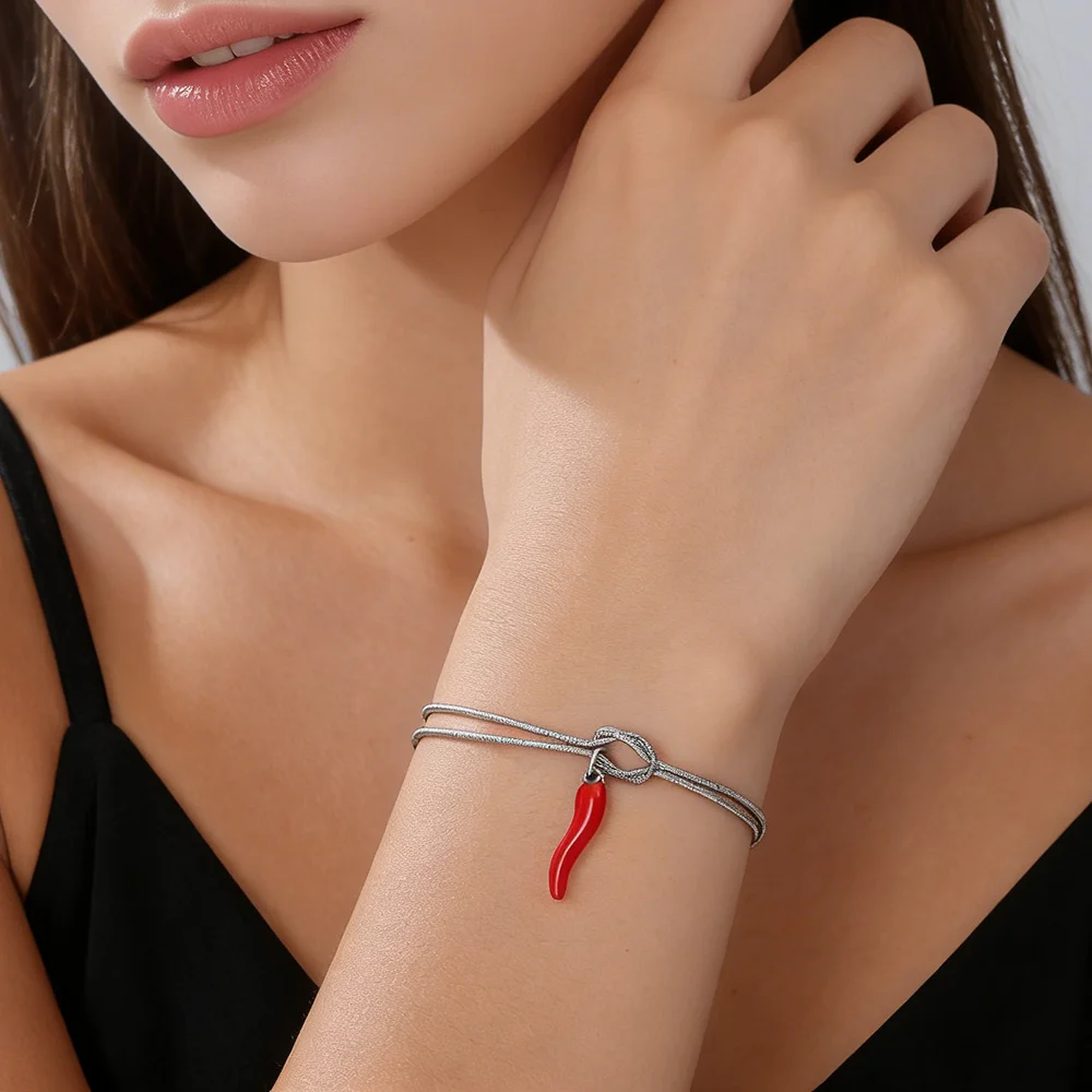 Rotes Emaille-Armband mit italienischem Horn-Anhänger, Edelstahl, Damen-Liebesknoten-Schlangenkette, Glücksbringer-Schmuckgeschenk