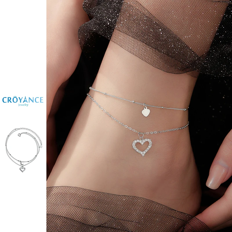 

Luxury 925 Sterling Silver Double Layer Heart Zircon Anklets Women Jewelry Elegant Summer Beach Rhinestone CZ Pendant Foot Chain