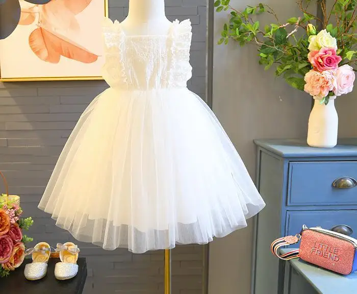 Summer Children\'s White Dress New Girls Sleeveless Gauze Princess Dress Baby Puffy Dress Little Girl Wedding Dress