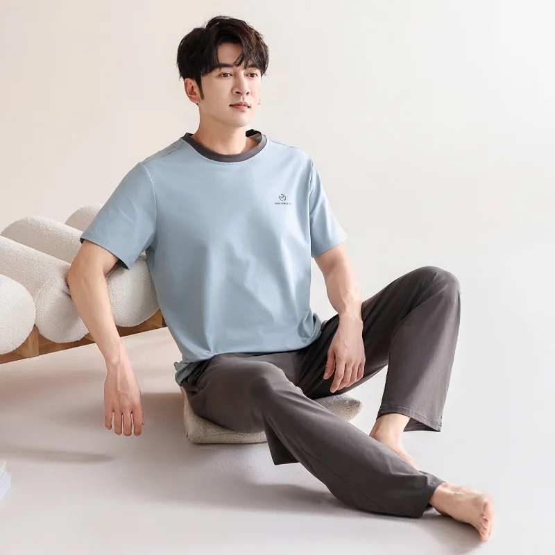 Korean Simple Modal Nightwear for Men Summer Short Sleeves Long pant Pajamas Set Male Casual Loungewear L-4XL Pjs Pyjamas