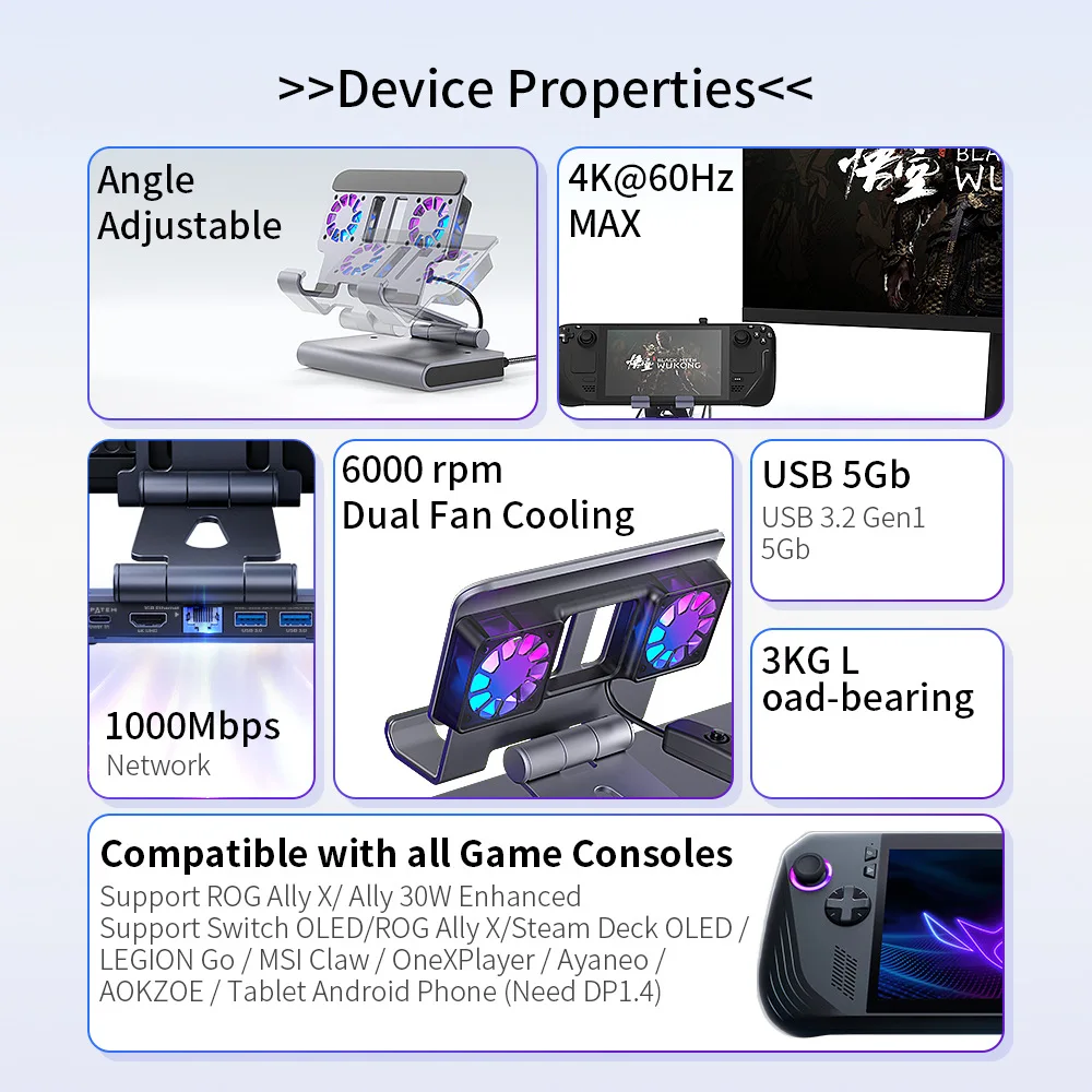 Fans Docking Station For Steam Deck/Rog Ally X/Legion Go/Msi Claw 6-In-1 Adjustable Stand Custom Steam Deck Dock With Hdmi 4k