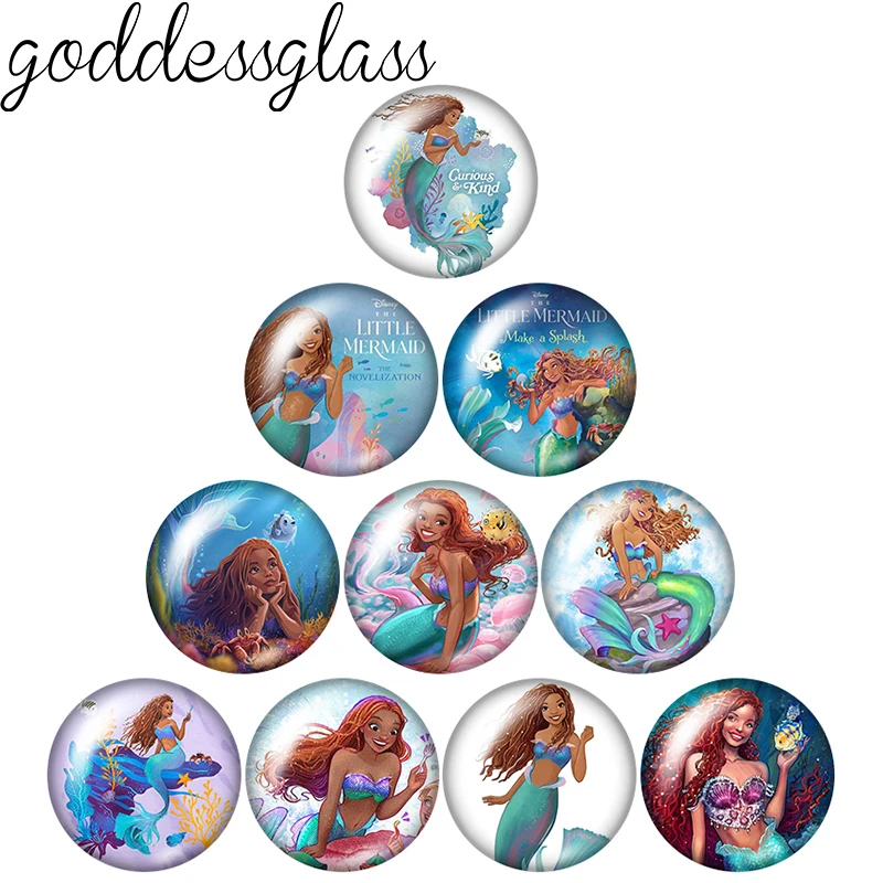 Disney The Little Mermaid Princess Ariel Cartoon Black Mermaid 12mm/20mm Round glass cabochon flat back Necklace Making findings