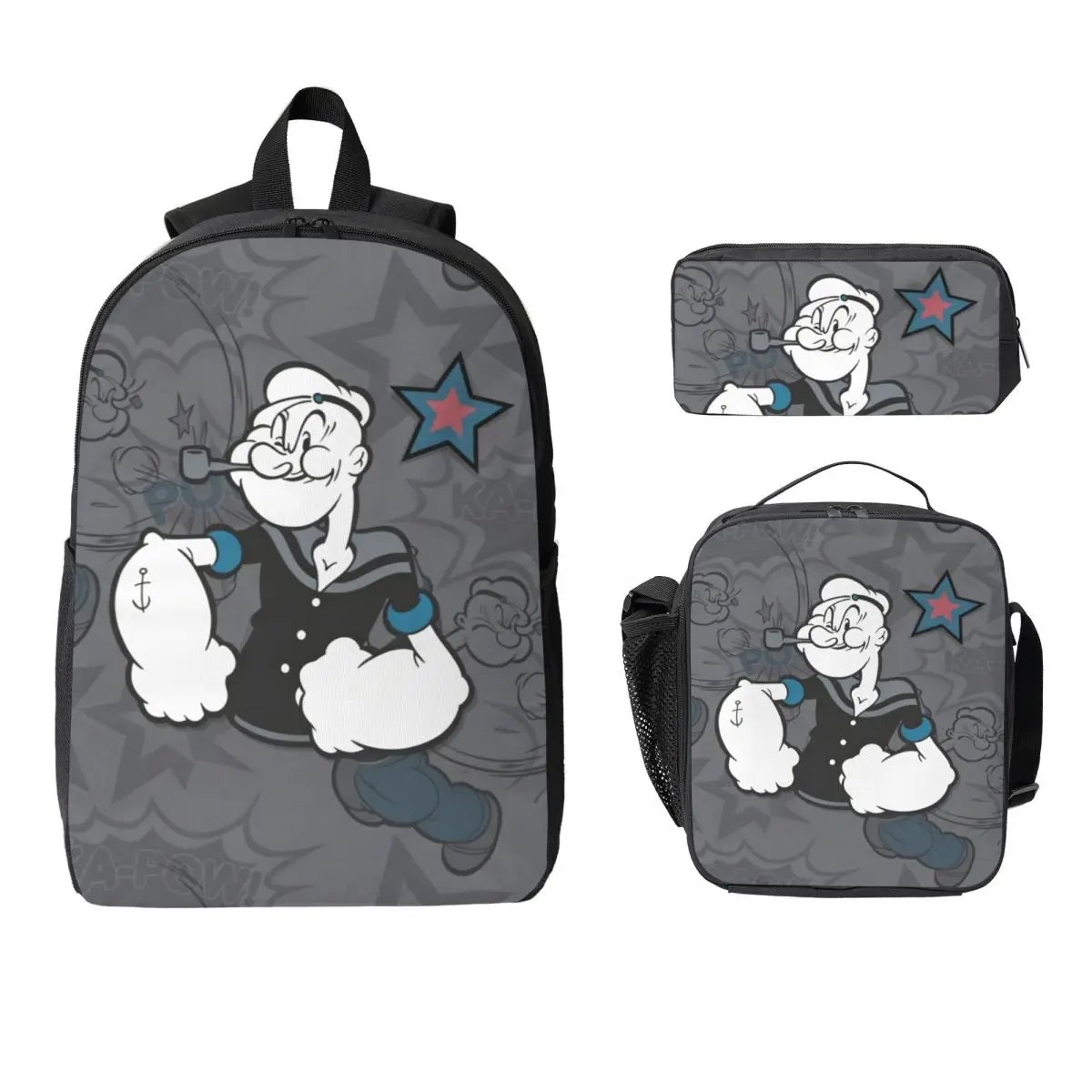 3Pcs P-popeyes Backpack Set for Girls Boys Pencil Boxes Bookbag Sets with Lunch Box For School Students Daypack