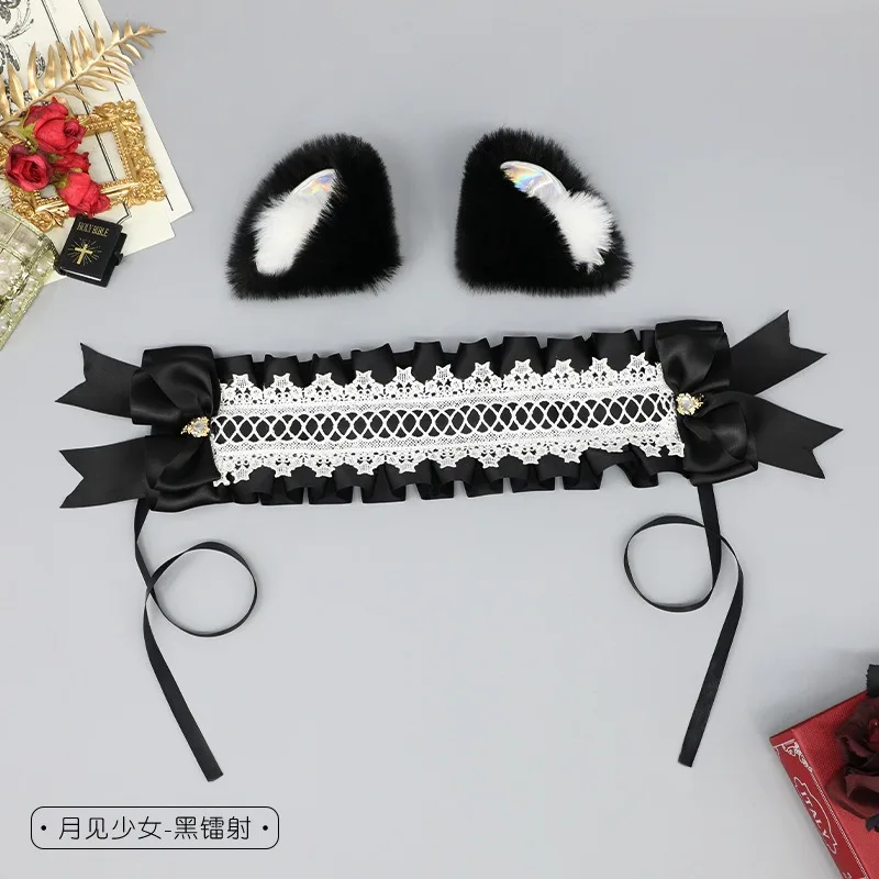 Halloween Gothic Cosplay headband Lolita Kawaii plush cat ears Maid women girls Ruffled lace headband hair accessory