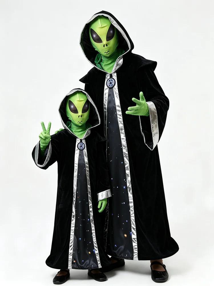 Adult and Kids Alien Cosplay Costume Starry Sky Hooded Cape Green Gloves Mesh Mask Perfect for Halloween Parties Space Adventure