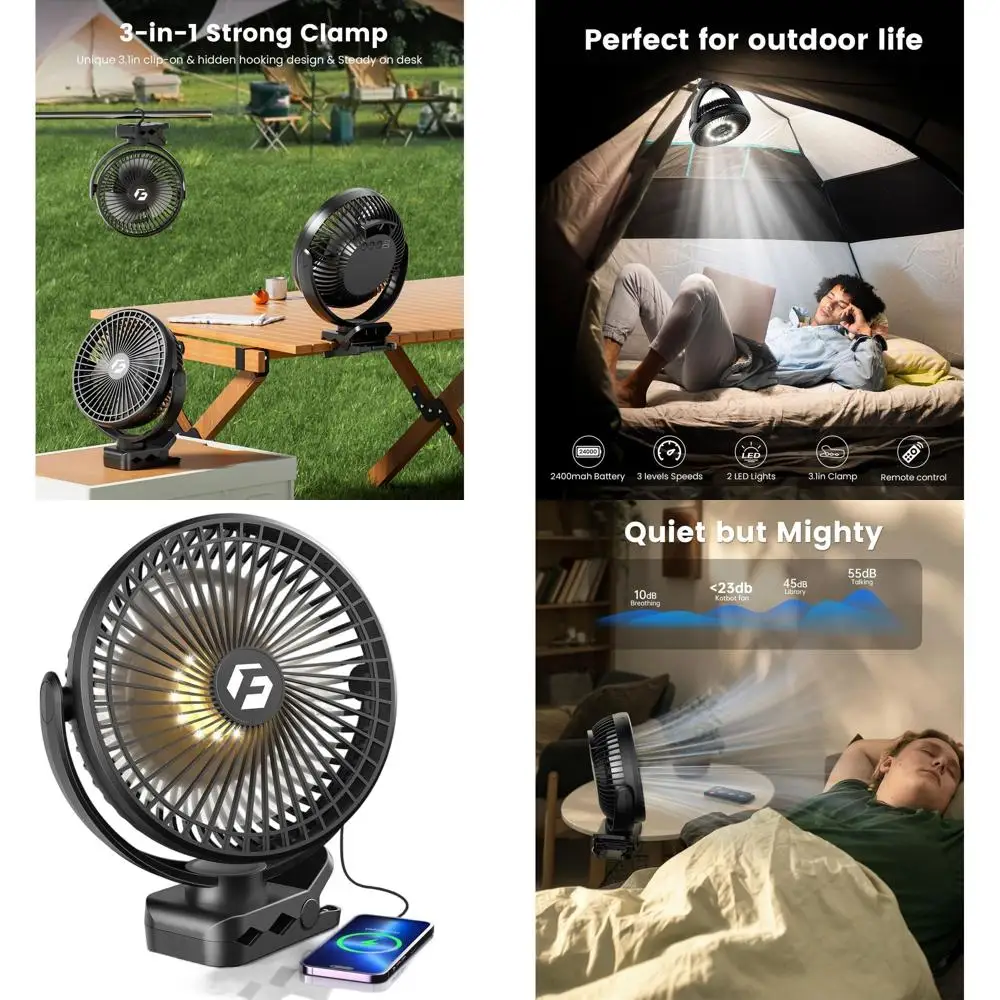 

8-дюймовый портативный перезаряжаемый вентилятор на 24000 мАч для гольф-каров - длительное время работы от аккумулятора, LED-подсветка, пульт ДУ, таймеры и крючок для различных применений