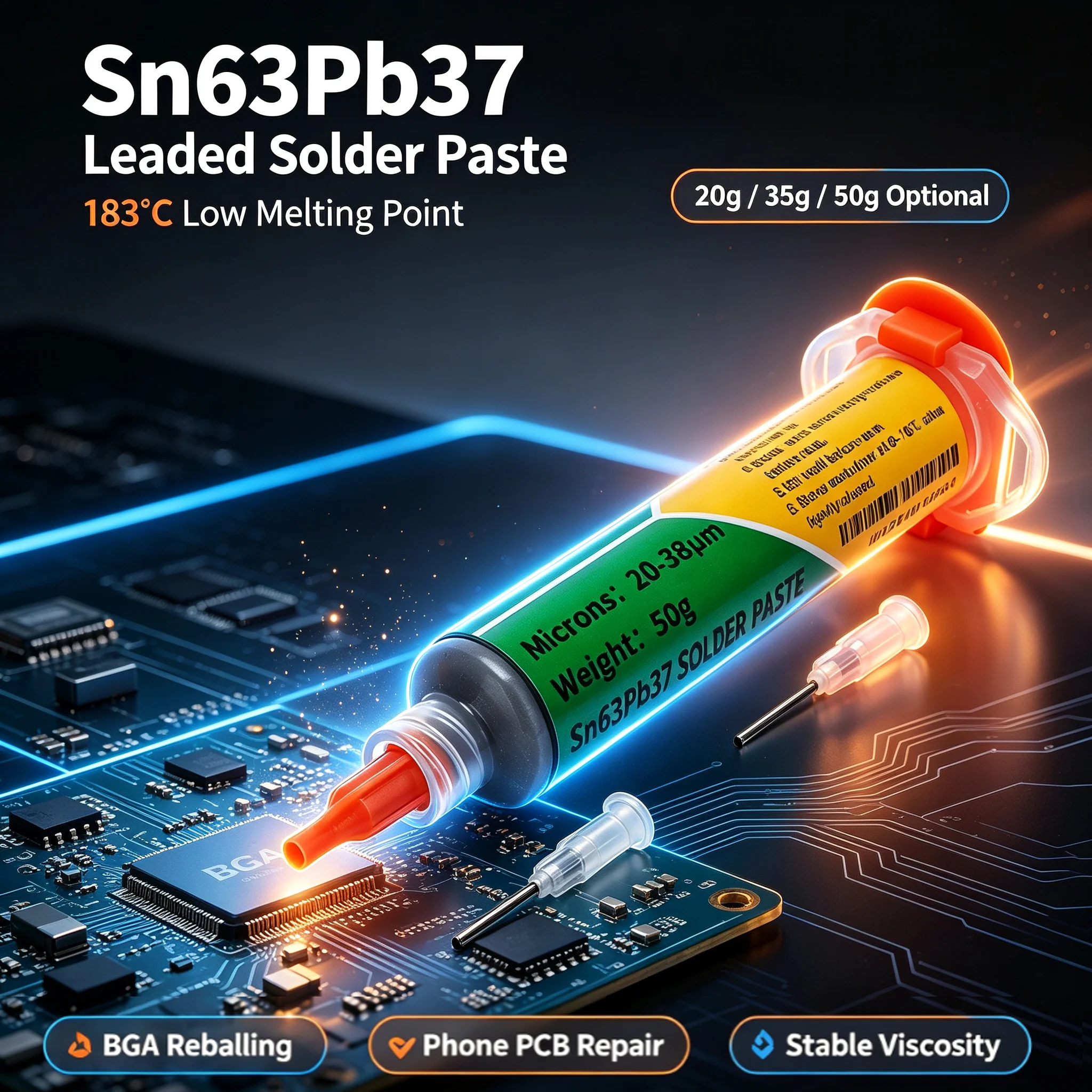 Sn63Pb37 Leaded Solder Paste 183℃ Low Melting Point Syringe Solder Paste for BGA Reballing Phone PCB Repair 20g/35g/50g Optional