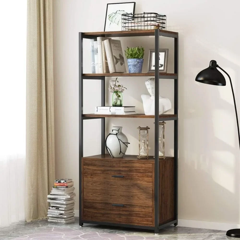 Bookcase, 4-Tier Rustic Bookshelf with 2 Drawers, Etagere Standard Book Shelves Display Shelf for Home Office