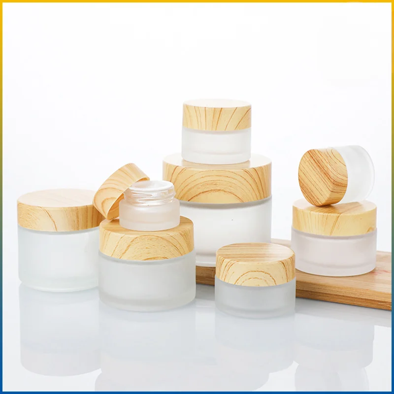 1Pcs Frosted Glass Jar With Wood Lid Empty Cream Jars Cosmetic Container Cosmetic Dispenser Tool Leakproof