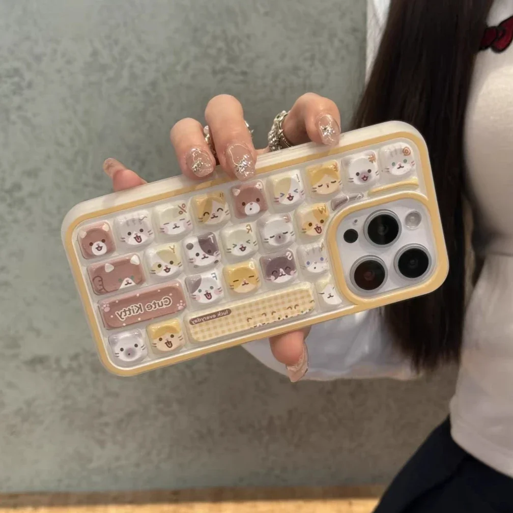 Compatible for Iphone 13 11 16 Case IPhone 16 11 14 12 15 13 Pro Max Cartoon Bread Lovely Kitten Cat Couple Keyboard Style Case