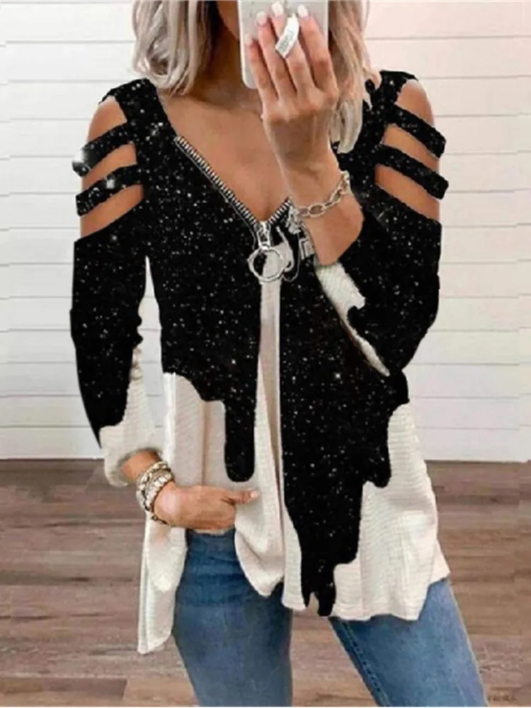 Herbst Winter Neue frauen Fashion Zipper Pullover Druck Sexy V-ausschnitt Off Schulter Lange Ärmeln Lose T-shirt frauen Top