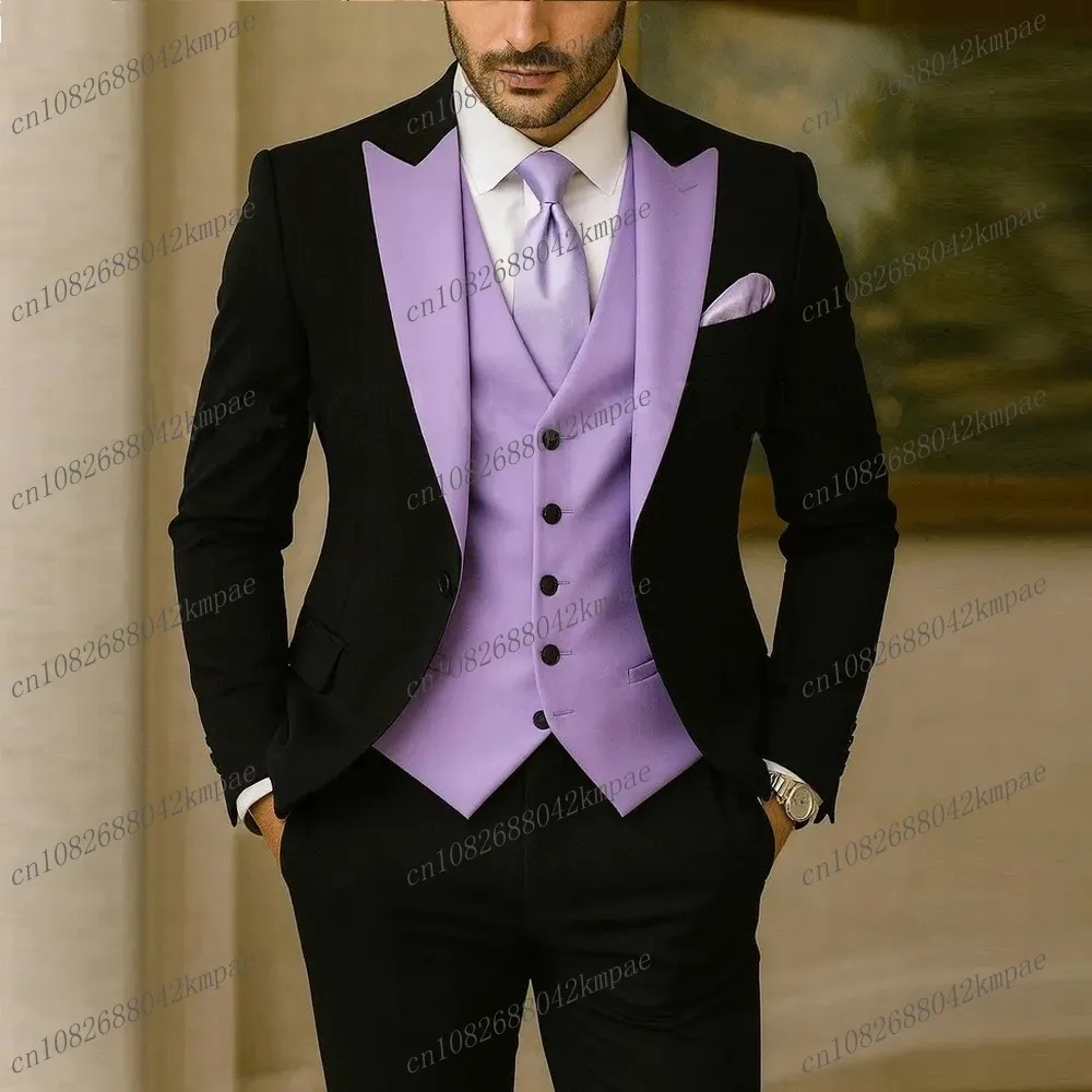 

New Lavender And Black Formal Men Suit Groom Groomsman Wedding Party Prom Business Male Tuxedos 3 Piece Set Blazer Vest Pants