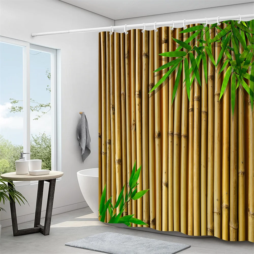 1PC, green bamboo wall, modern home bathroom waterproof shower curtain, with 12 plastic hooks, 71in*71in