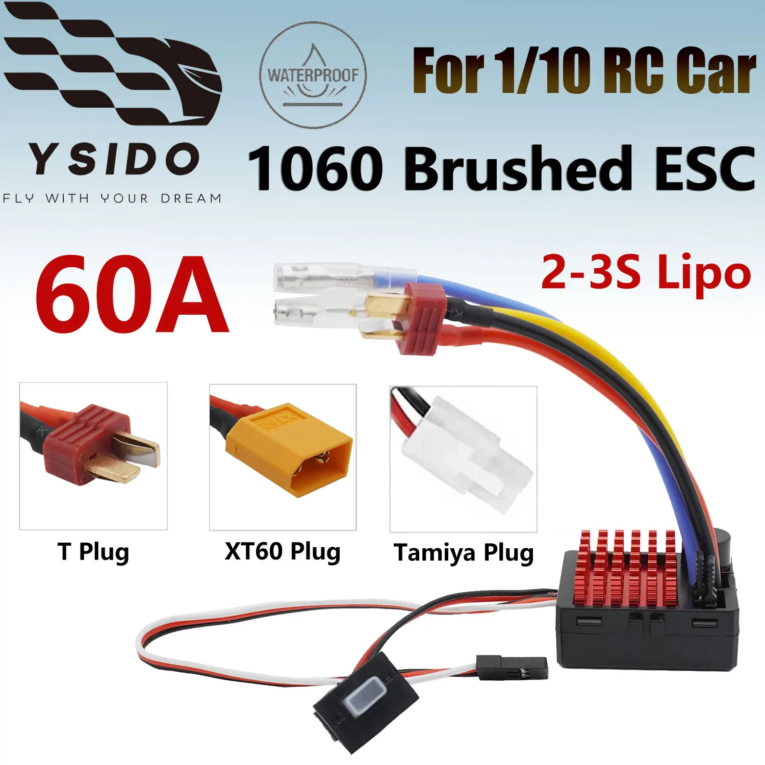 

YSIDO YS-60A-RTR 60A Brushed ESC Waterproof Electronic Speed Controller 2-3S LiPo for 1/10 Traxxas HSP Axial SCX10 TRX4 TRX6 D90