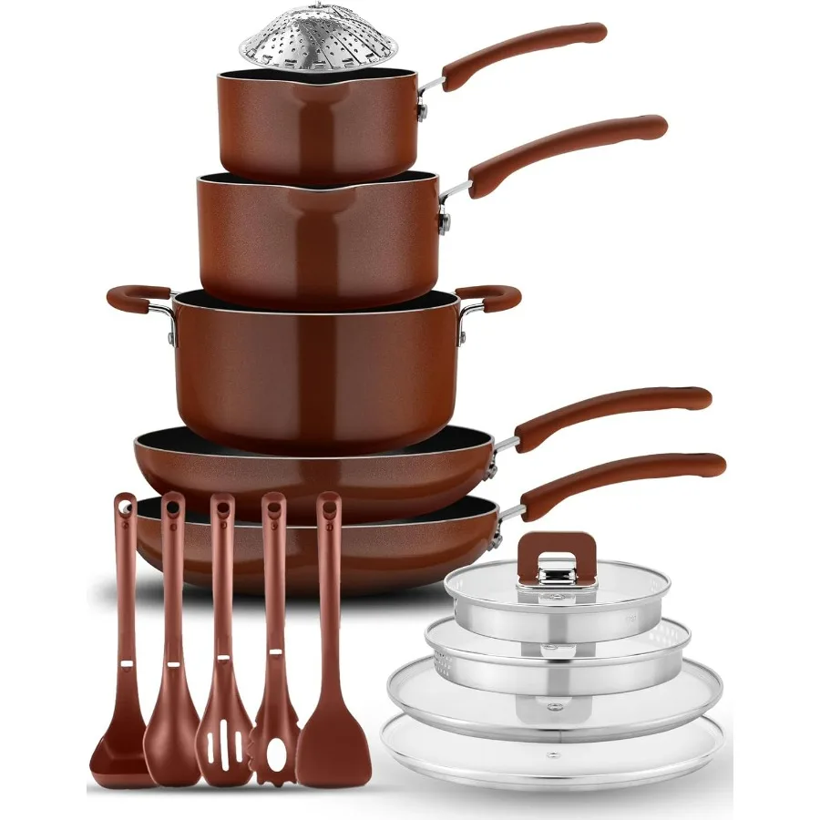 

Space Saver 17Piece Nonstick Cookware Set Brown Pots and Pans with Stackable Design Foldable Handles Induction Ready