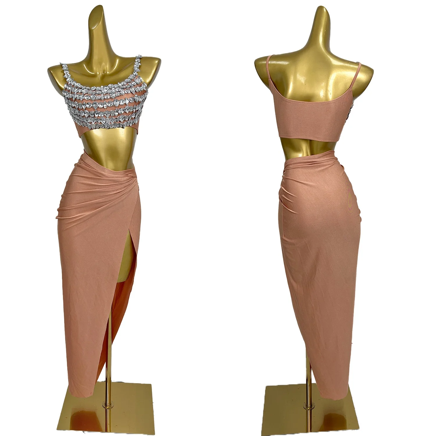 Sexy Women Beach Style Sparkly Crystals Vest Crop Tops Long Skirt 2Pieces Set Night Party Stage Dance Performance Outfit Beixin