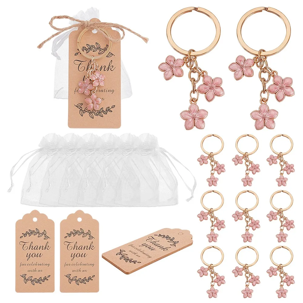 

Zinc Alloy Flower Keychains with Organza Pouches Jute Cord Kraft Paper Gift Tags Golden 74mm 20pcs