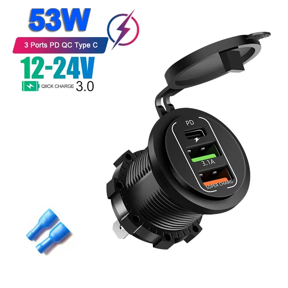 Multi-Port-Autoladegerät PD QC3.0 USB-Ladebuchse mit digitalem Voltmeter 12V/24V für Motorrad, Auto, Boot, Marine, LKW, Bus