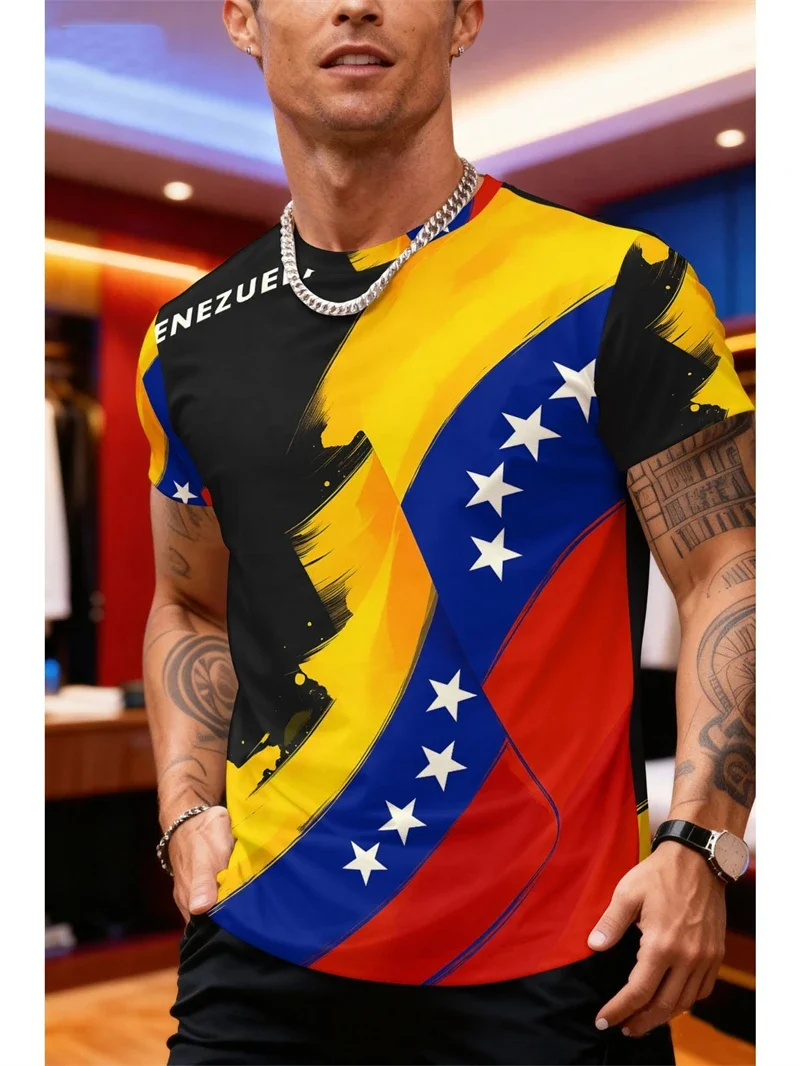 Herren T-Shirt mit Venezuela-Flaggendruck, Lässiger Rundhalsausschnitt, Kurzarm, Patriotische Streetwear-Oberteile