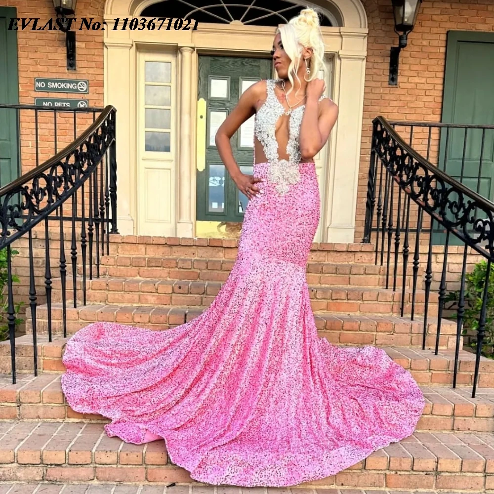 

EVLAST Pink Mermaid Prom Dress 2024 Sexy Silver Crystals Diamond Beaded Sequins Black Girl Party Gala Gowns Robes De Soiree P41