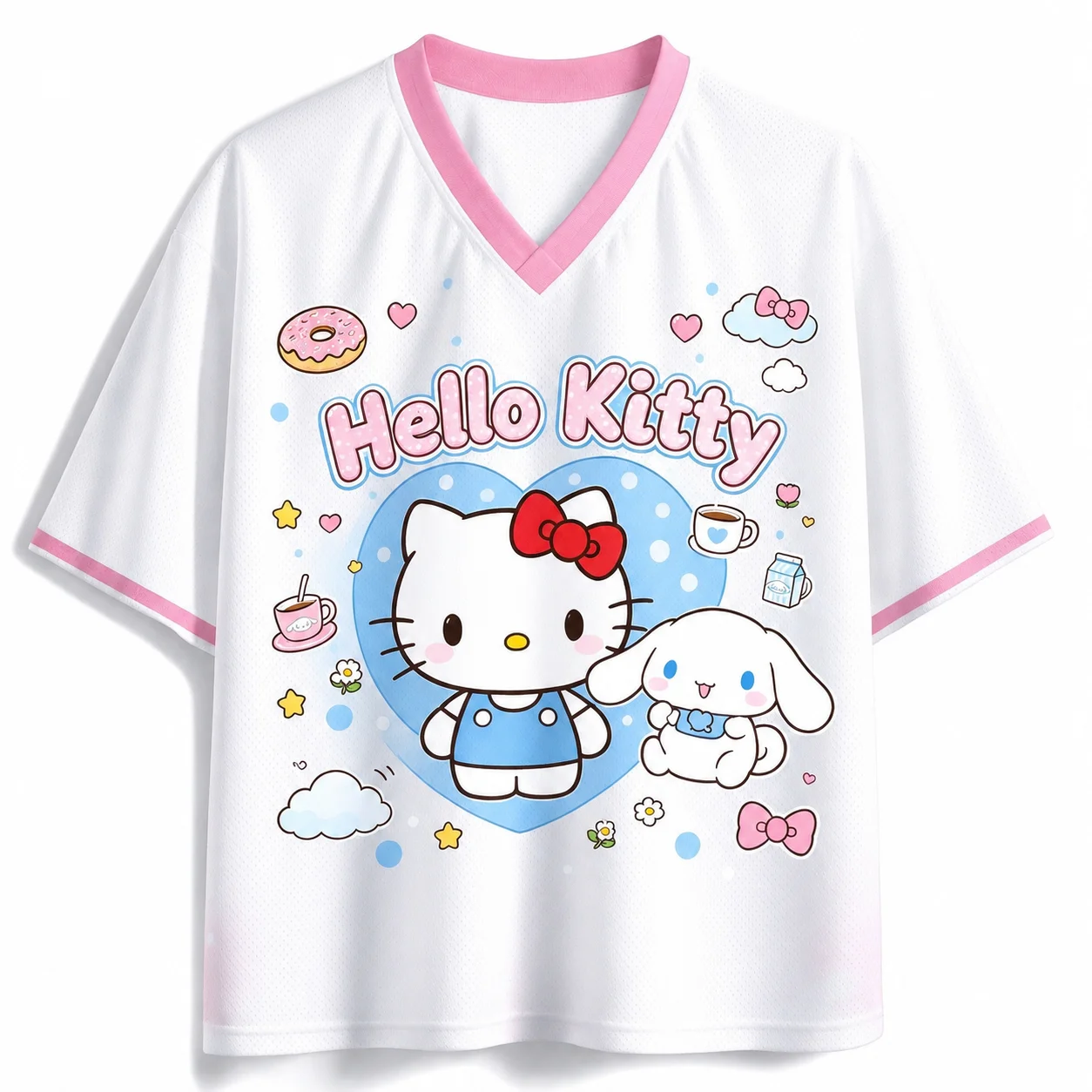 2026 Cute Hello Kitty Leopard Print Mesh Shirt Women Kids Pink Jersey V Neck Short Sleeve Oversized Kawaii Casual Streetwear Top