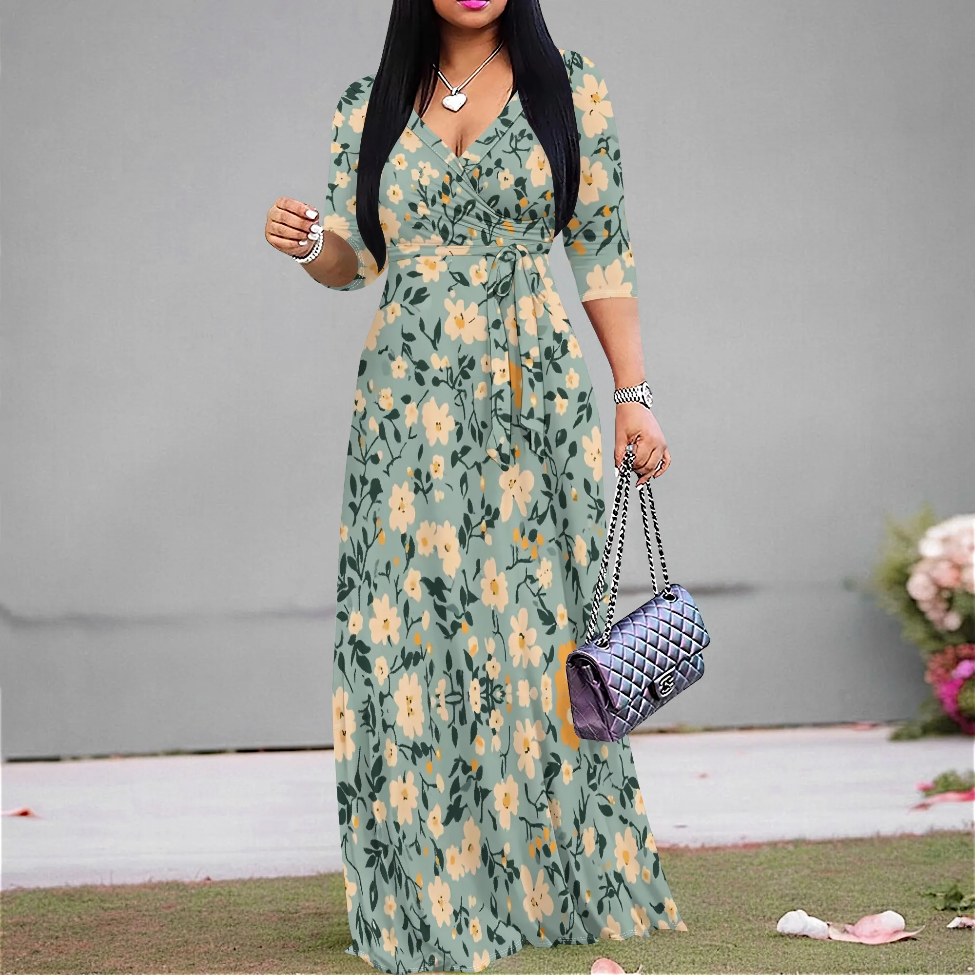 

Plus Size Floral Maxi Dress V-Neck Wrap Style 3/4 Sleeve 2025 Spring Brunch or Church Outfit for Women