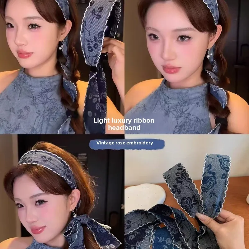 

1pcs New Thickened Denim hairband Wide-sided hairhoop Embroidery Widened hairaccessories Lace Woven Ribbon Headband