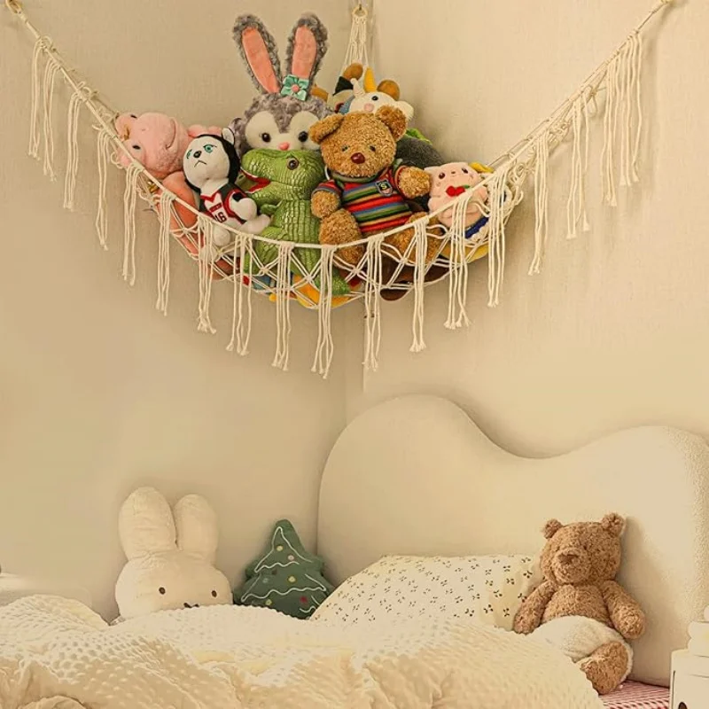 Boho Stuffed Animals Net Hammock Large Toy Macrame Wall Hanging Storage Corner Hanging Net Holder for Bedroom Nursery Decor GIft