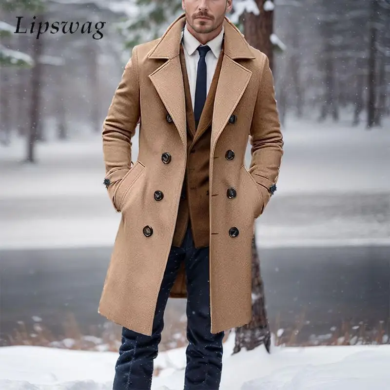 Outdoor Fashion Woolen Coats Mens Autumn Winter Casual Solid Color Double-breasted Windbreaker Men Vintage Lapel Trench Jackets