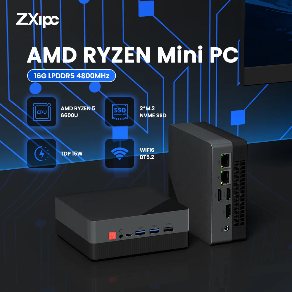 ZXIPC كمبيوتر صغير AMD Ryzen 5 6600U 16GB LPDDR5 M.2 SSD سطح المكتب DP/HDMI*2/TYPE-C/WiFi 6/USB 3.2/الألعاب/المكتب/شاشة رباعية الشاشة