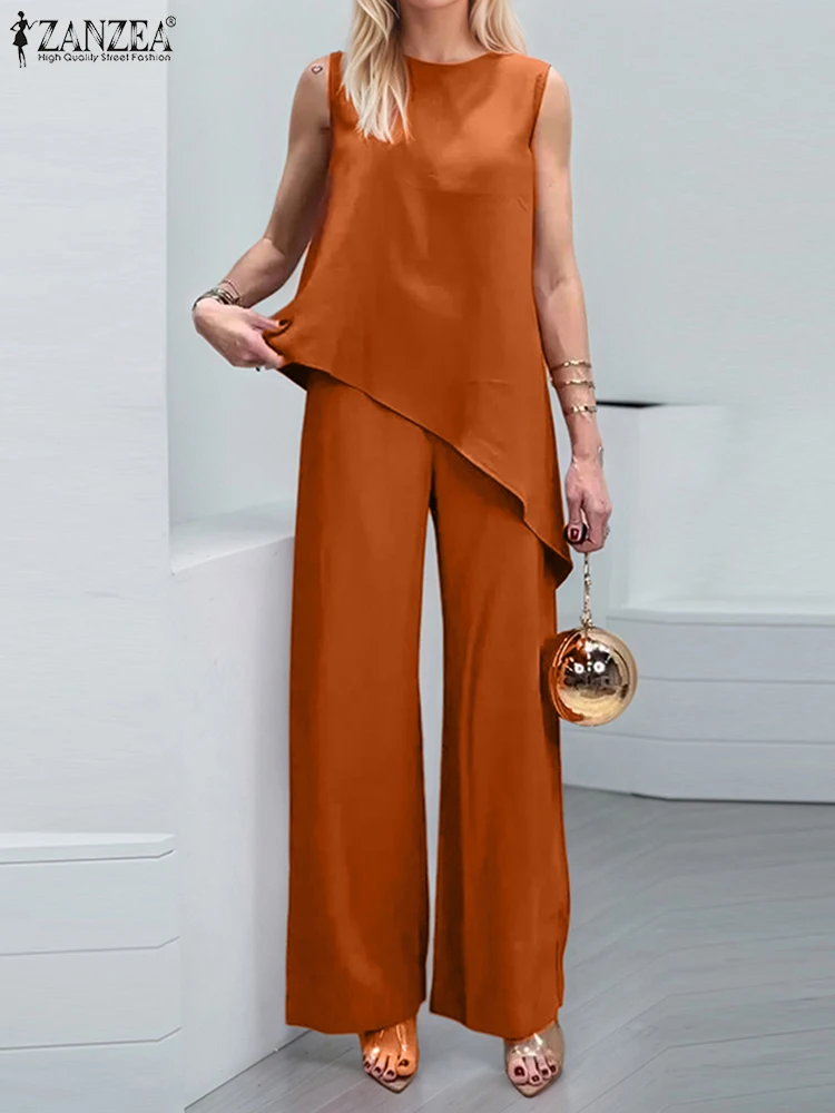 

2025 ZANZEA Fashion Summer Pant Sets Women Two-piece Outfits Casual Sleeveless Asymmetrical Tops Elastic Waist Long Pantalons