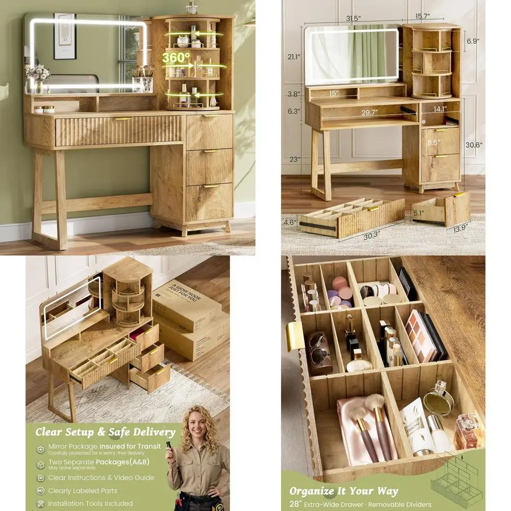 

47.3 LED-Illuminated Makeup Vanity with 360° Swivel Shelf and 4 Drawers, Wooden Vanity with Outlet & Holder for Bedroom