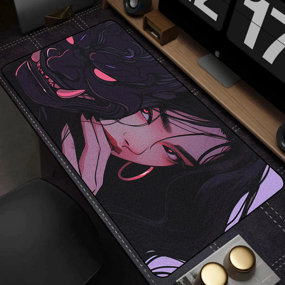 

90x40cm Gaming Samurai Oni Mouse Pad Japan Mask Girl Deskmat Large Gamer Professional Premium Mousepad Speed Control Accessories