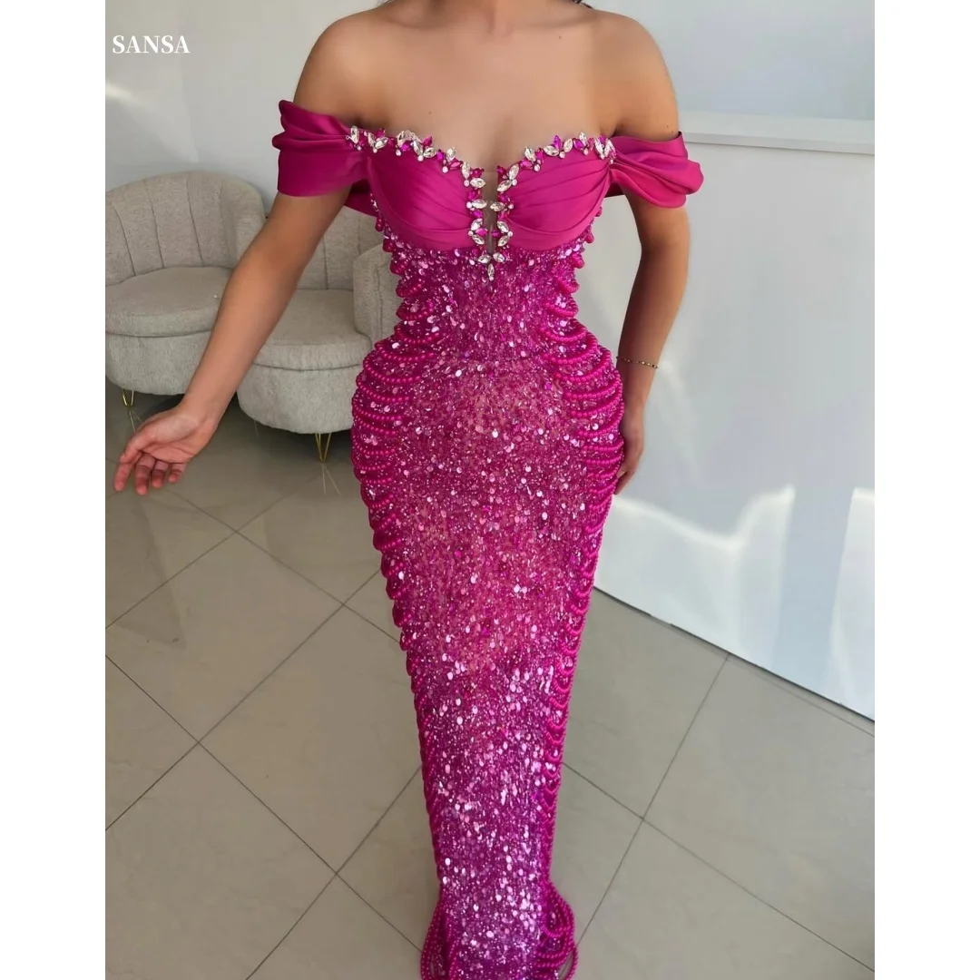 

Sansa Customized Red Beading Glitter Party Dress Off The Shoulder Strapless Mermaid Prom Dress Backless Evening Dresses 2025
