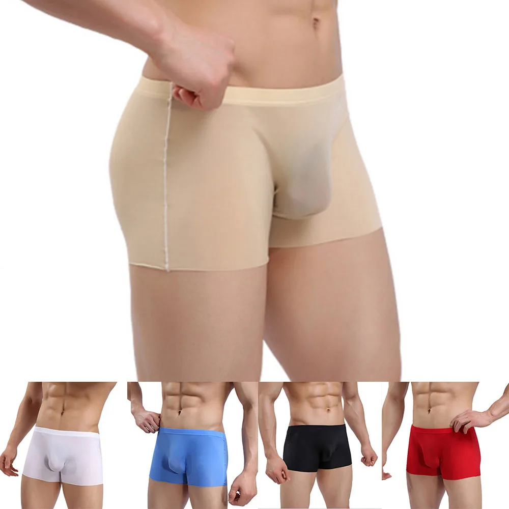 Ice Silk Seamless Mens Penis Big Pouch Boxers Briefs Ultra-Thin See-Through Panties Sexy Underwear Trunks Breathable Flat Boxers