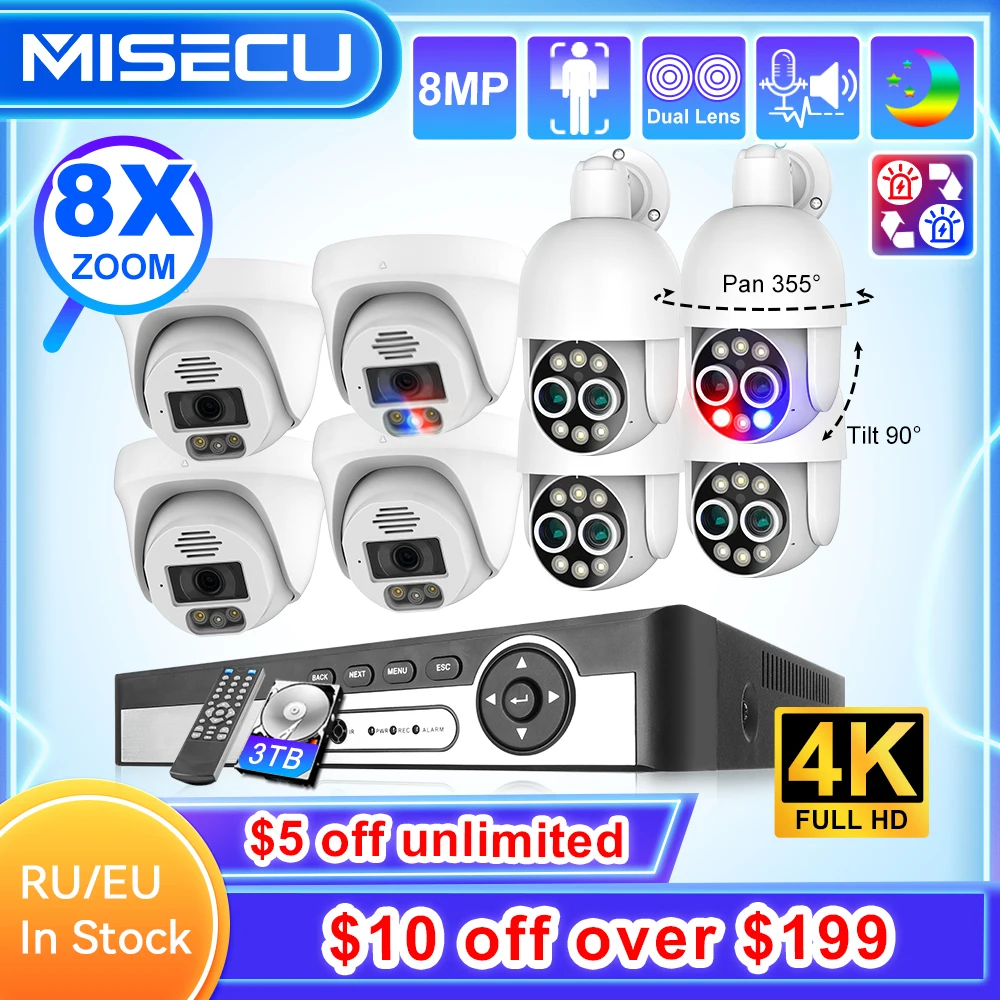 

MISECU H.265 NVR 8CH 4K POE Security System Face Detect Dome Indoor 8MP PTZ 8X Zoom Dual Lens IP Camera Record Surveillance Kit