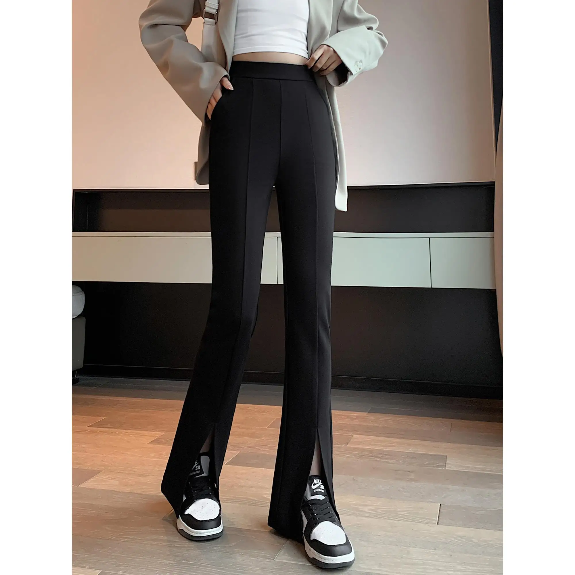 

Black High Waist Slim Fit Casual Pants Women's plus Size Spring Autumn Elastic Bell Bottom Trousers Fashionable Long Pants