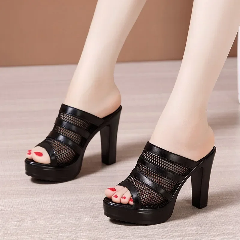 Women Sexy Mesh Lace Sandals  Summer Fashion High Heels Platform Slippers Ladies Bright Leather Comfort Open Toe Sandals