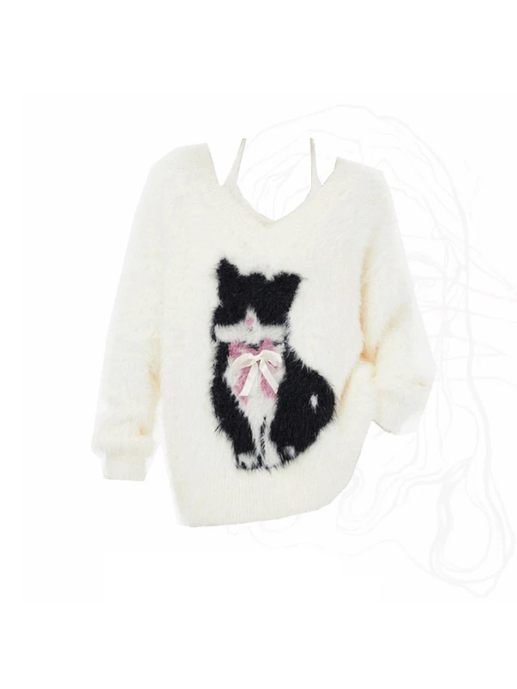 Women White Mohair Pullover Sweater Harajuku Korean Y2k Kawaii Cat Long Sleeves Jumper Knit Sweaters Vintage 2000s Clothes 2024