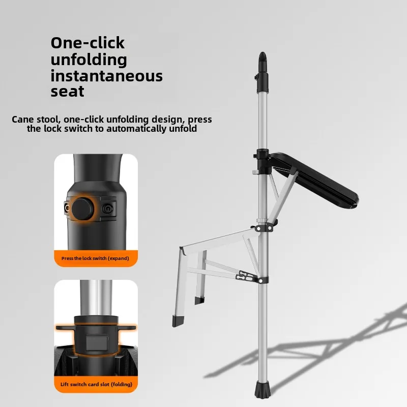 2 in1 Walking Stick with Seat Folding Cane Stool Walking Cane Chair for Elderly Mobility Aid Crutches with One-Button Open/Close