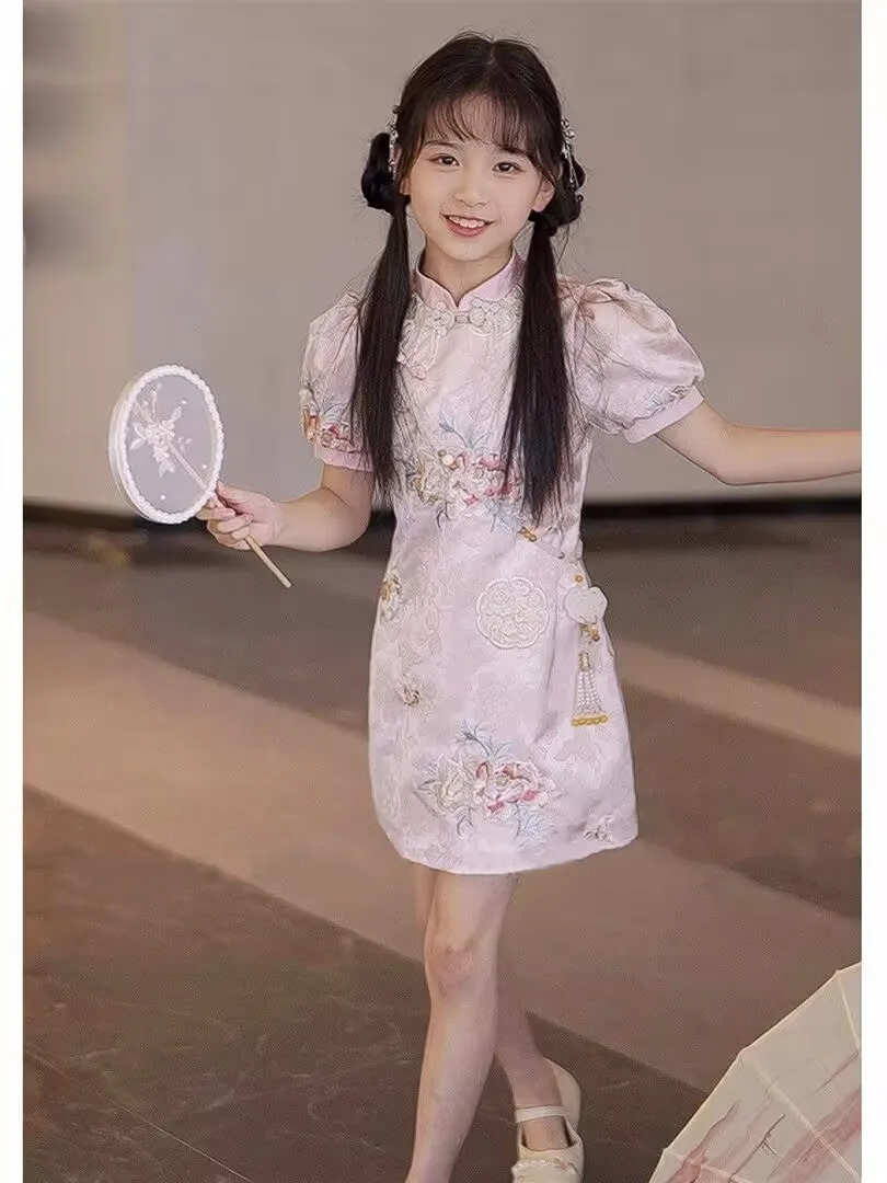 2026 summer Kids Girls solid Chinese white Cheongsam Qipao Princess fairy Teenager New Year Dress Clothing 4 8 9 10 12 14 Years