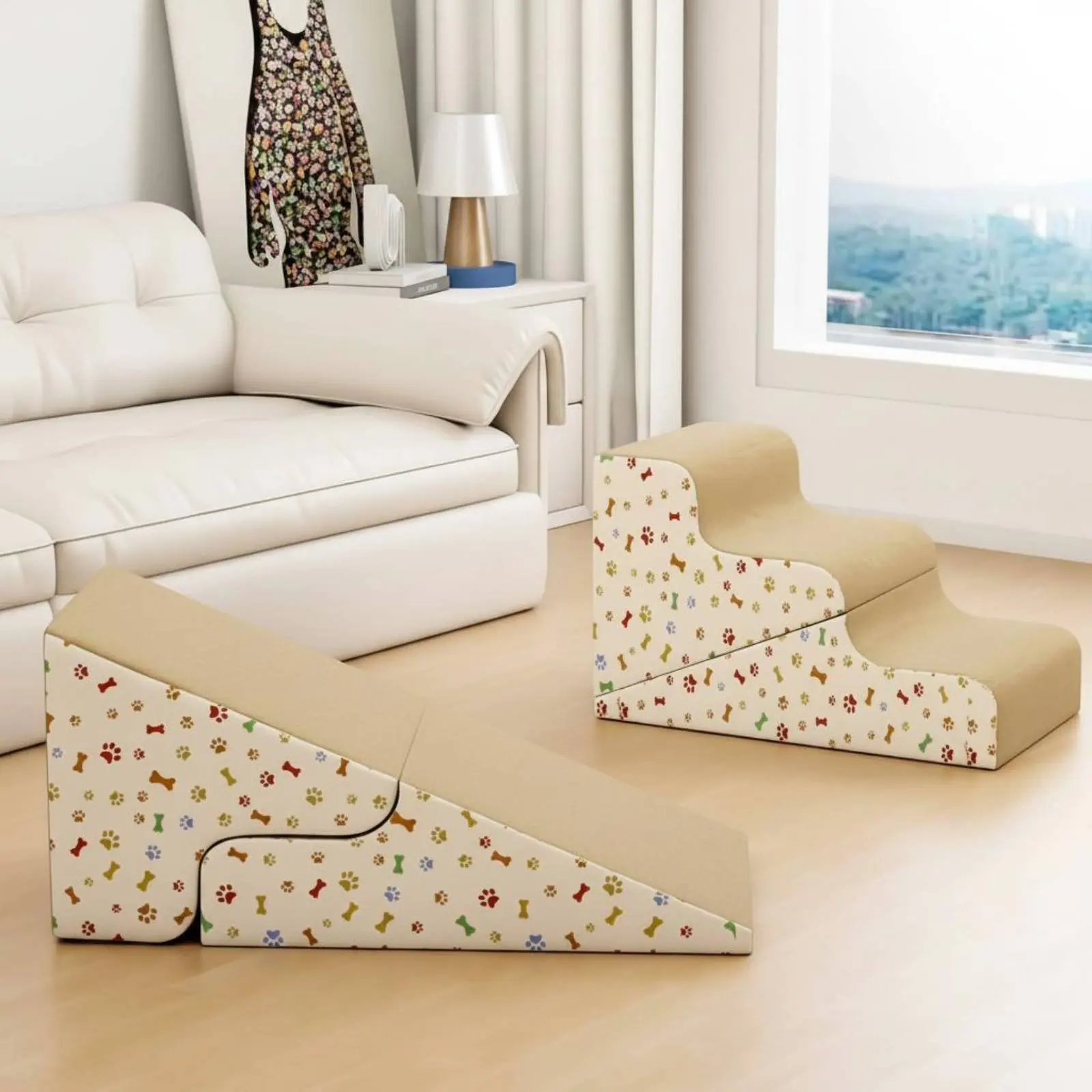 

Transformable Pet Stairs Ramp Non-Slip Surface Foldable Pet Ramp Three-Tier Dog Stairs Stable Construction for Small Dogs
