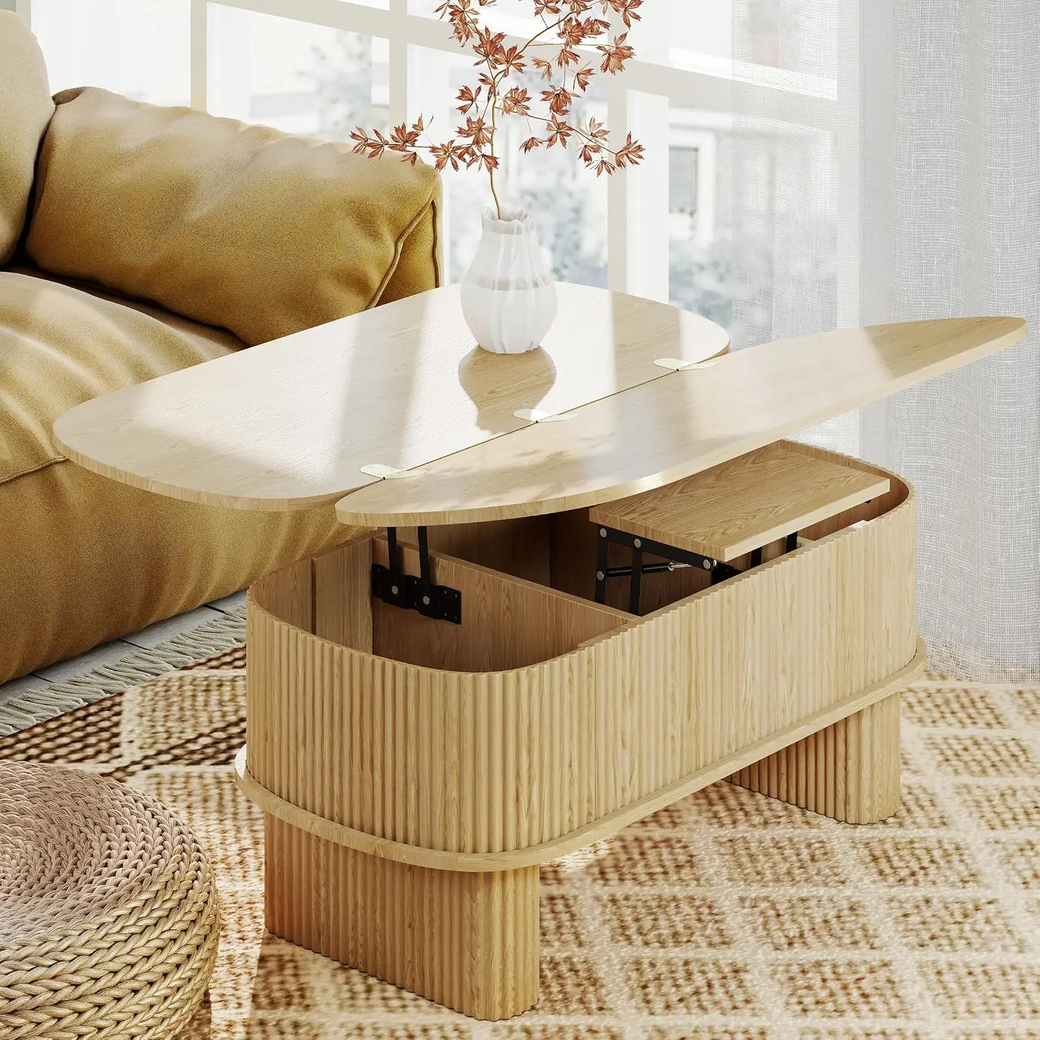 Lift Top Coffee Tables with Large Storage,Lifting Converts to Dining Table,Oval Pop Up Coffee Table Fluted Wood Center Tables