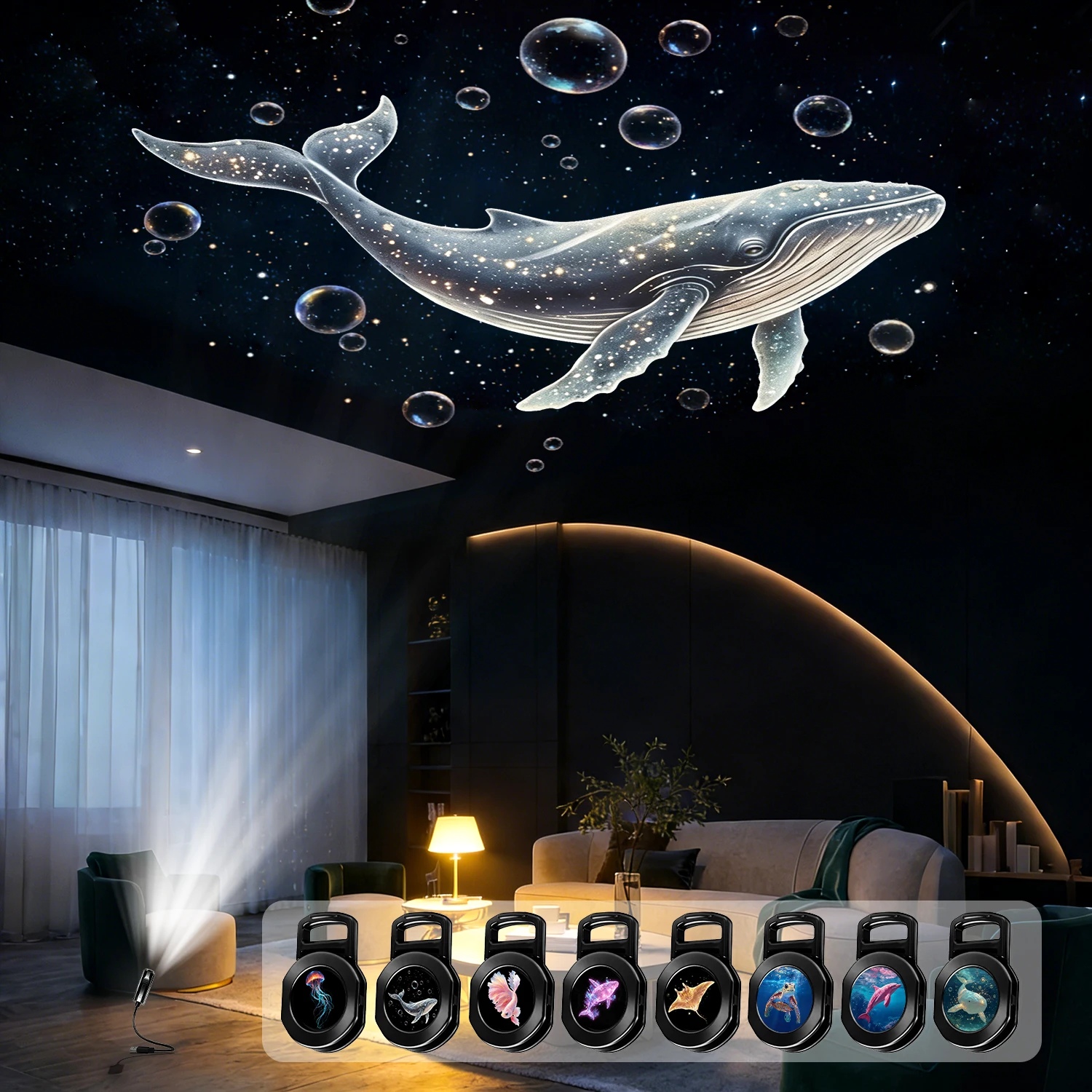 Ocean USB Projector Night Light, 8 Replaceable Lamp Sheets for Ambient Light, Home Bedroom Ceiling Projector Light