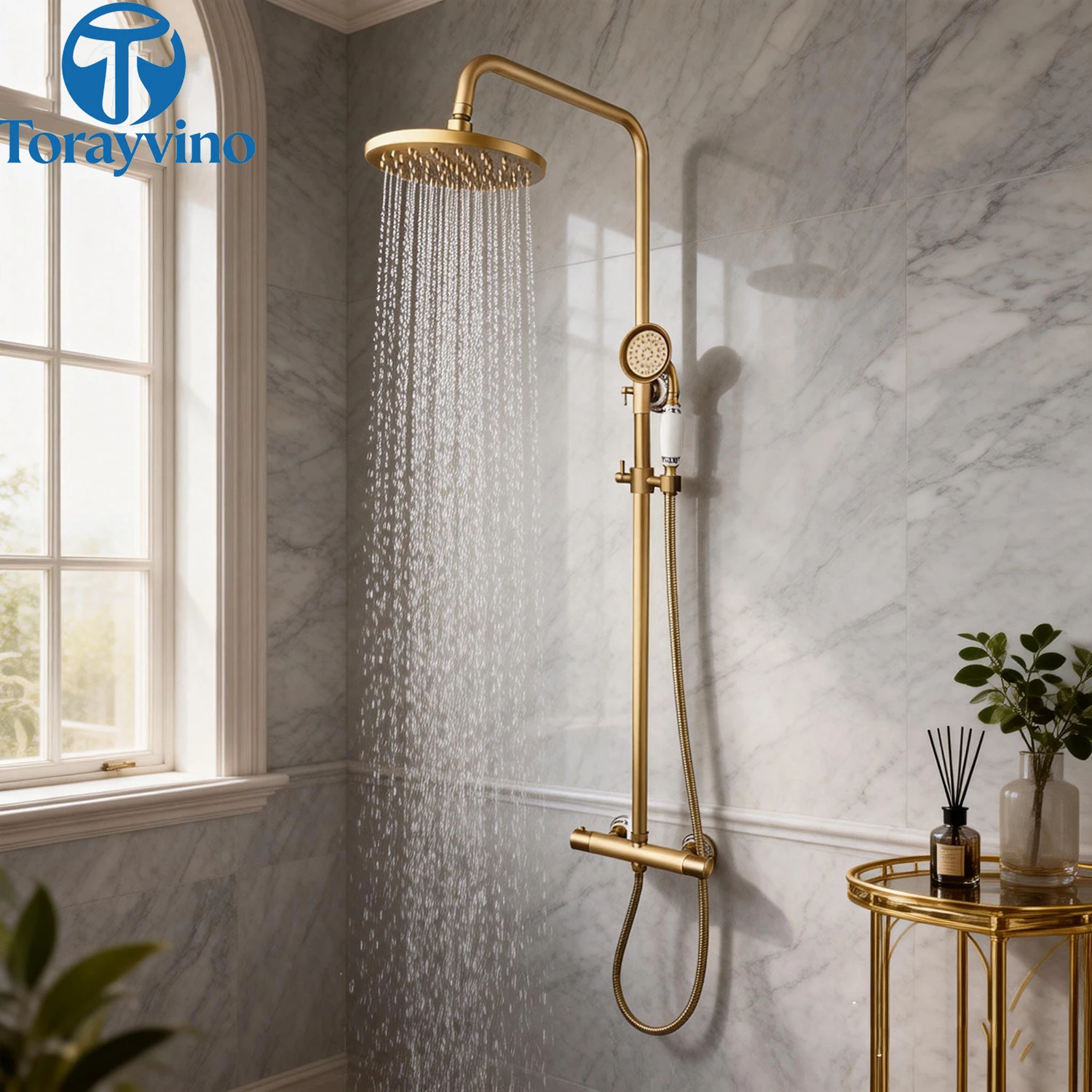 

Torayvino Thermostatic Shower Set Bathroom Faucet Antique Brass Wall Mounted Rainfall Hot Cold Water Single Handle Mixer Taps