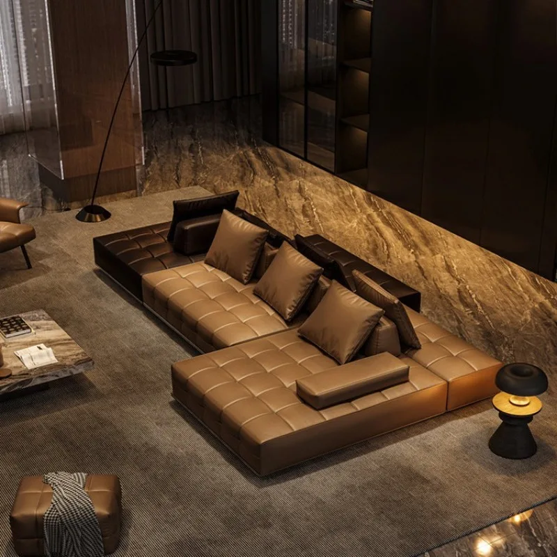 Color-blocked genuine leather sofa, first-layer cowhide large flat horizontal hall, no wall against walls, double-sided module